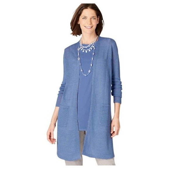 J. JILL Linen Light & Long Two Pocket Cardi Blue sz L Women's Cardigan Sweater - Picture 1 of 7